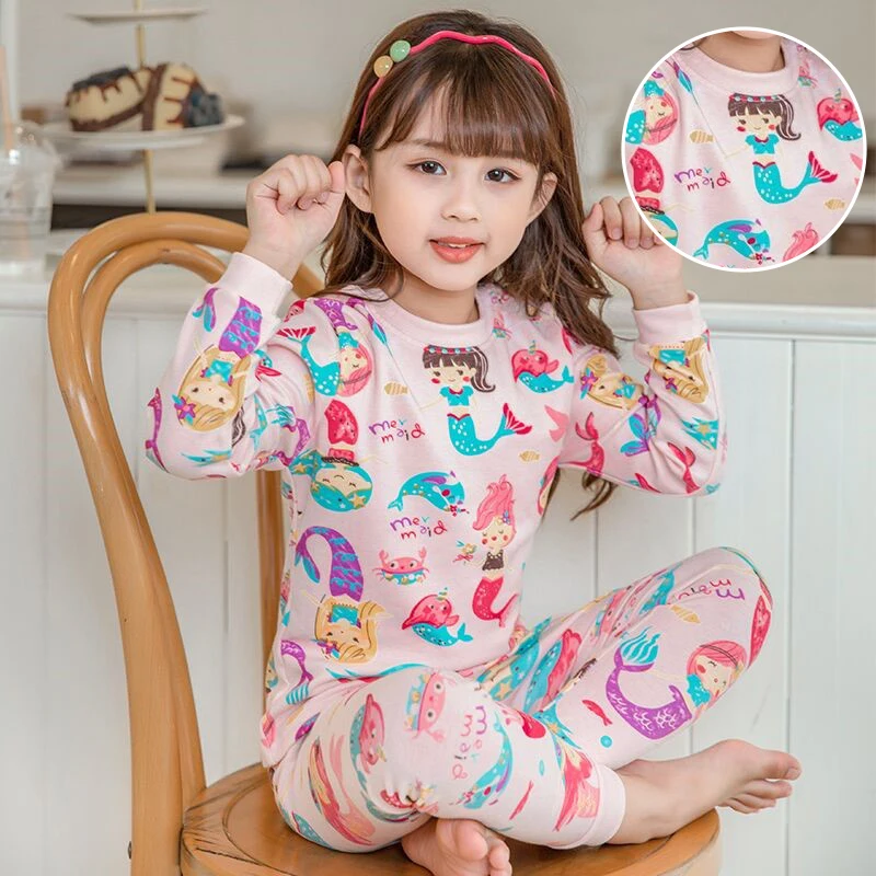 Kinder Mädchen Baumwoll-Pyjama-Set Cartoon Meerjungfrau-Druck Herbst Frühling Thermounterwäsche Kleinkind Langarm-Schlafanzug Homewear 2-teilig – Detail 1