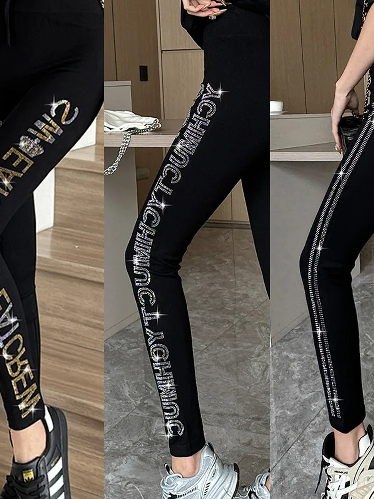 المرأة سليم صالح طماق عالية الخصر الماس Embellied قاعدة طبقة السراويل الإنتاج الصيني مادة رقيقة تسع قطع السراويل