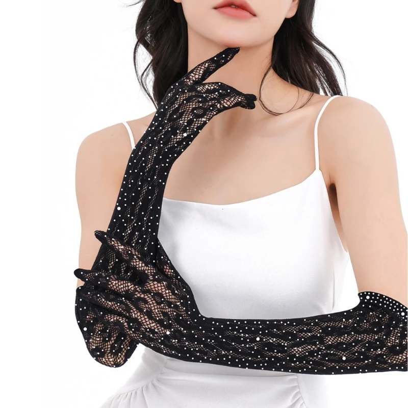 367C Luxury Rhinestones Lace Gloves For Women Evening Parties And Special Event Breathable Nylon Handwear for Banquets