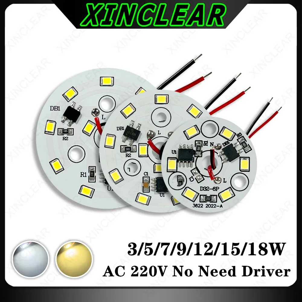 5pcs AC220V Smart IC Driver LED Lamp Board 3W 5W 7W 9W 12W 15W 18W SMD2835 Chip Light Source Tinned 15cm Cable For DIY Downlight