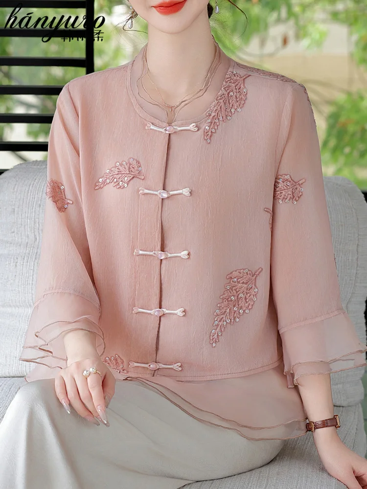 

New Chinese Sle Summer Outfit Set for Middle-Aged And ly Women Faionable Chiffon irt Traditional National Trend Lo...