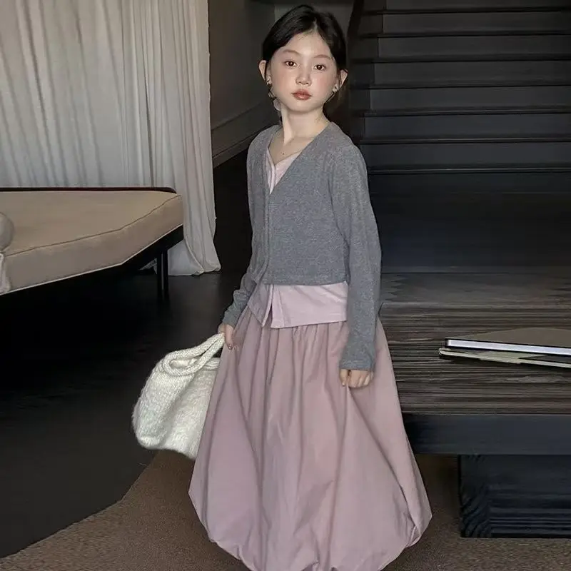 

Girls' Set 2026 Spring New Style Children's Fake Two piece Top Flower Bud Skirt Korean Style Dress Set