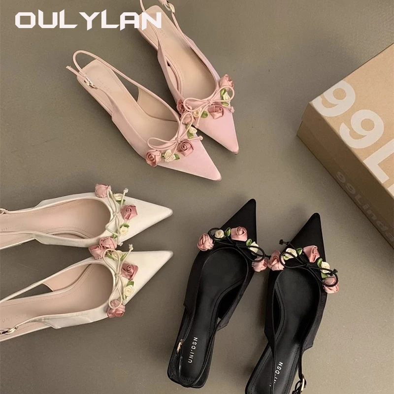 2024 Summer Women's French Style Matching Skirt with High Heels Shoes Exquisite Sandals Ladies Flower Decoration Elegant Sandals