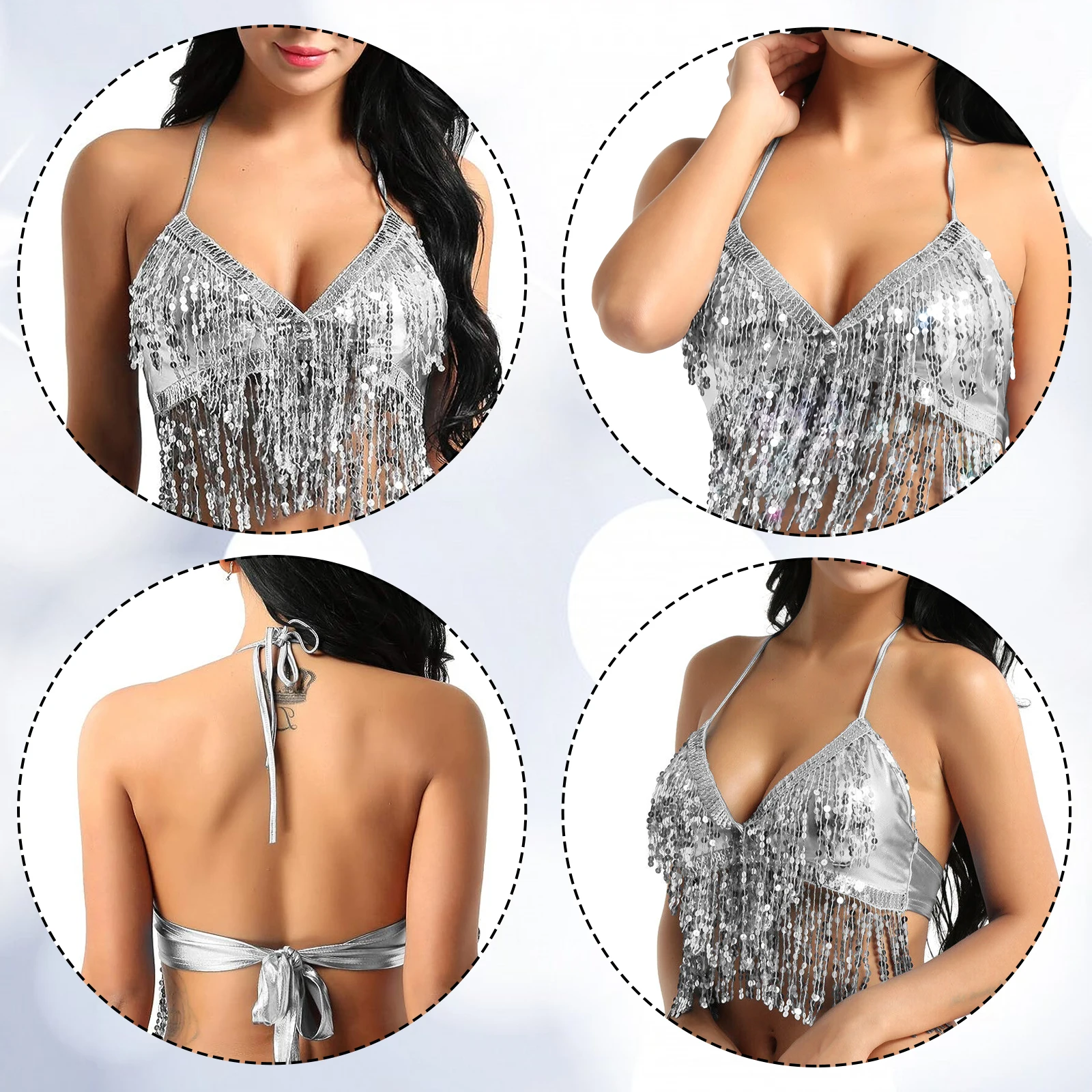 Biustonosz z cekinami Performance Top, damski, z frędzlami, strój do tańca w klubie nocnym, top do tańca brzucha, kostiumy sceniczne, biustonosz typu halter