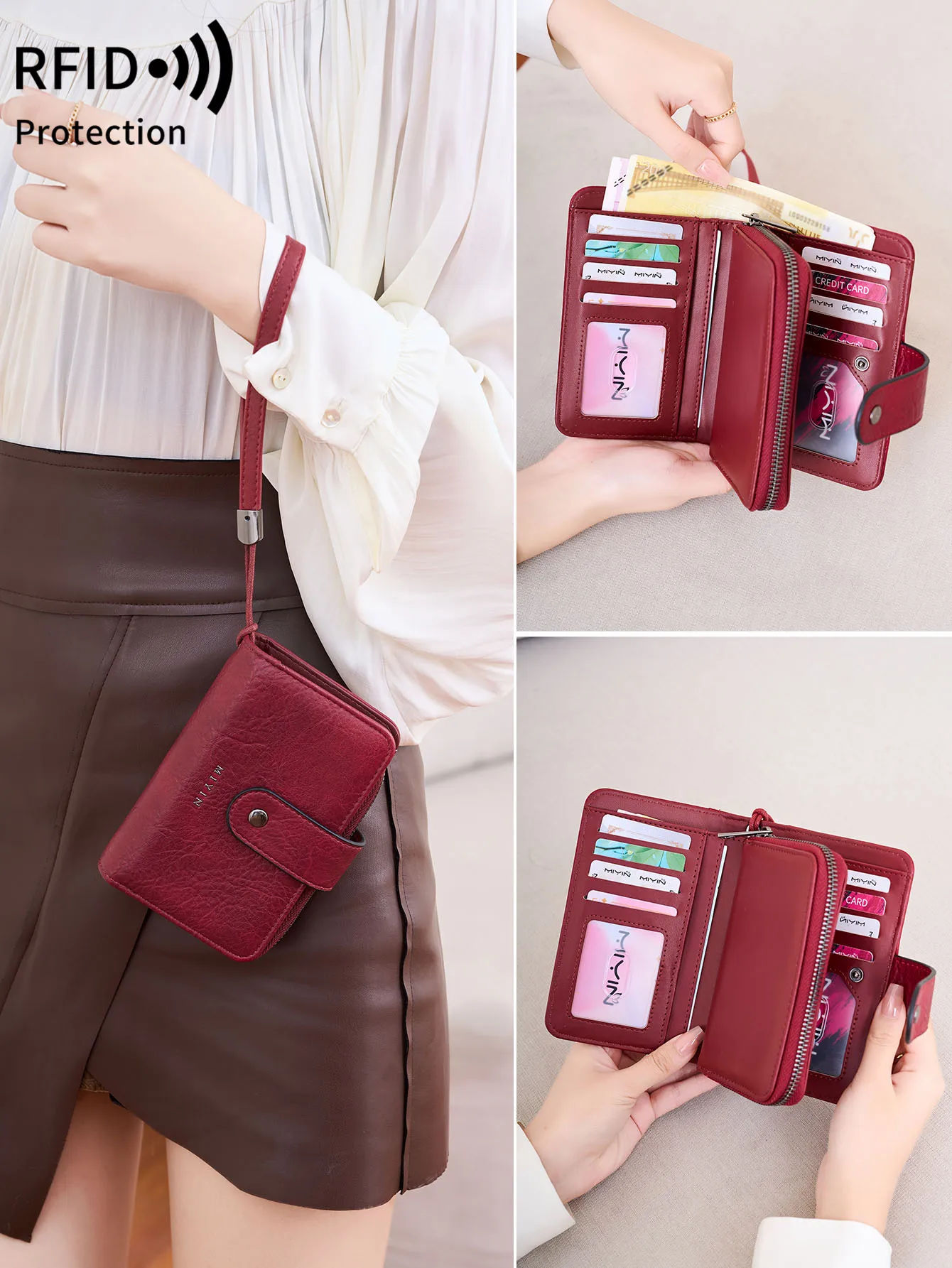 

Маленький женский кошелек с блокировкой RFID, 100% кожаный трехслойный клатч большой емкости на молнии, портативный универсальный держатель для карт