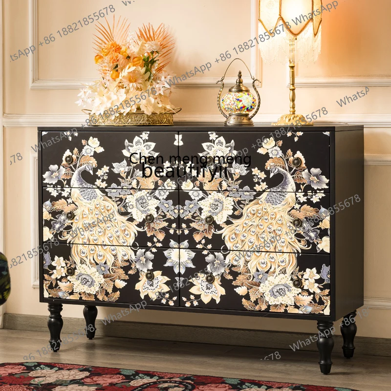 Light luxury carved chest cabinet entrance peacock pattern dining side cabinet living room storage storage wine cabinet