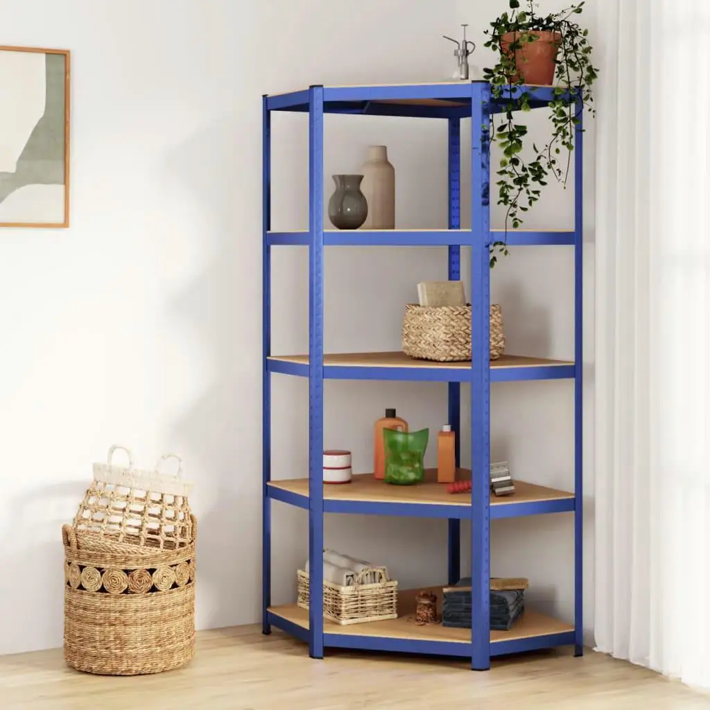 5-Tier Corner Shelf - Blue Steel & Engineered Wood Organizer for Space-Saving Storage