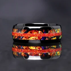 Regal Green Fire Protein Stone Tungsten Wedding Ring, Men's Double Lotus Black Ring, Promise Unique Color Changing Ring, Carving