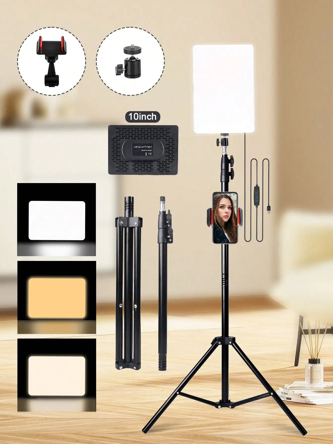 10-Inch Square LED Studio Fill Light with 160cm Adjustable Tripod & Phone Holder. Portable for Shooting, Live Streaming, Makeup and Parties. Battery-Free, 3 Color Modes, Works with Phones and Cameras, Great for Travel.