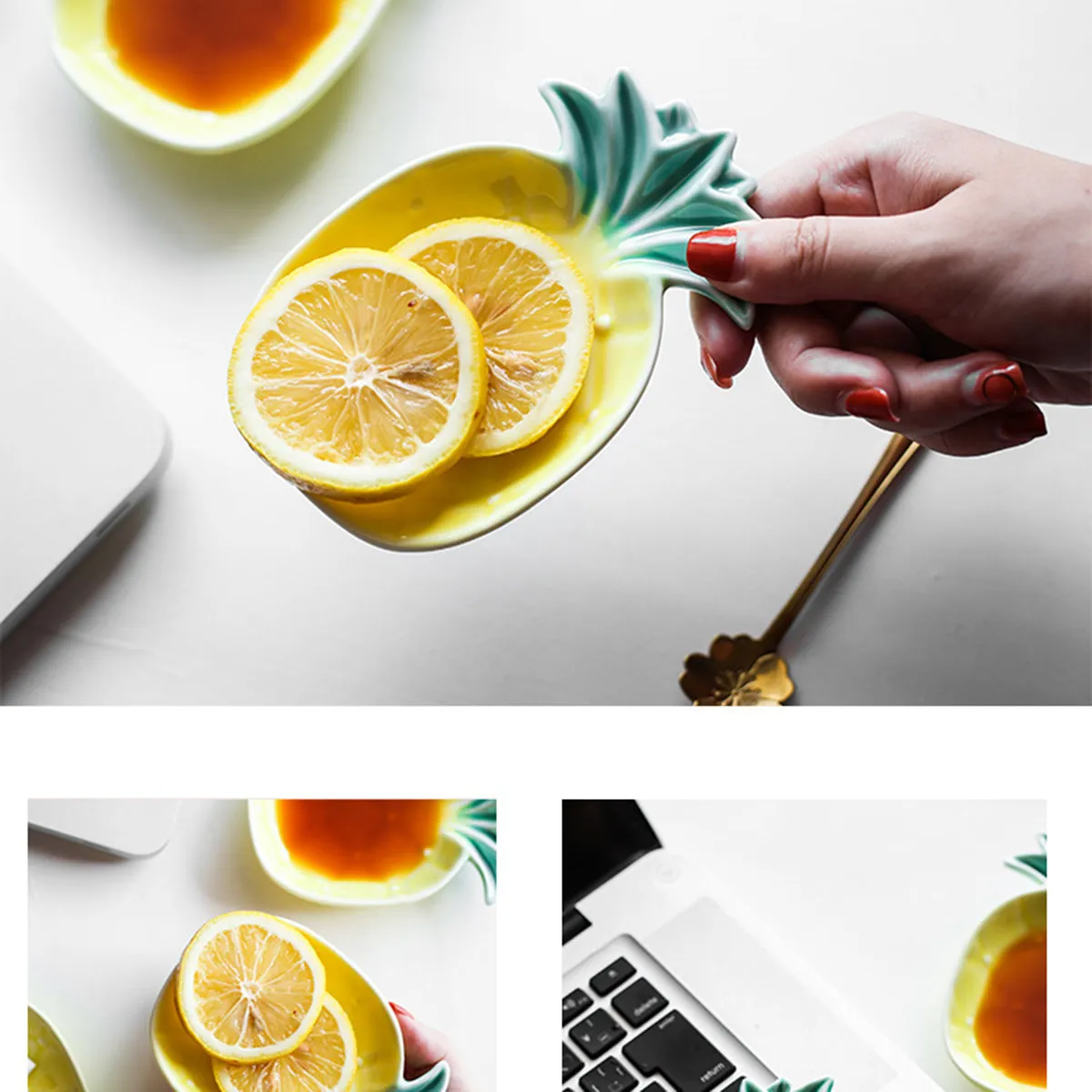 2 Platos de Cerámica con Forma de Piña para Salsas, Platos Creativos para Aperitivos, Postres y Condimentos