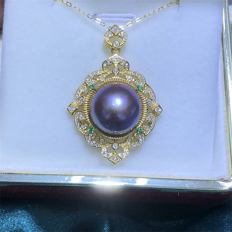 Giant AAA+++ 10-11mm south sea purple pearl All body S925 Silver Necklace Pendant 18in