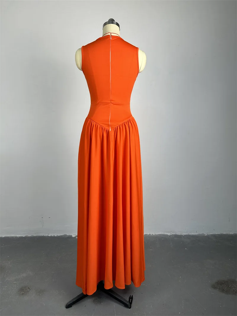 فساتين AOMEI أنيقة برقبة دائرية وأحمر برتقالي بقصة ضيقة للنساء لصيف 2025 على شكل حرف A بطول الأرض فستان إمبراطوري بدون أكمام #6