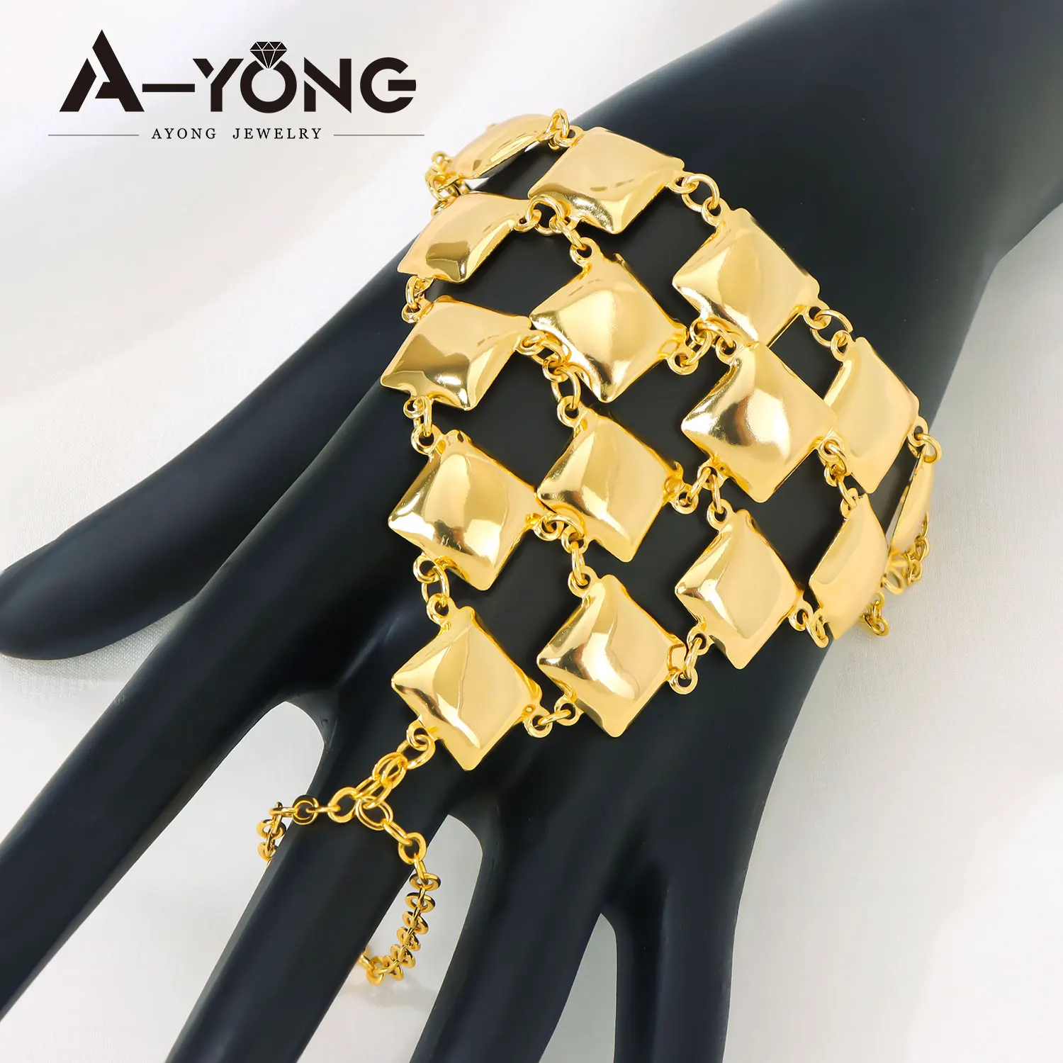 Dubai Gold Schmuck Armband mit Fingerring 21k Vergoldet Arabisch Muslimisch Schicke Armreifen Oman Frauen Hochzeit Party Schmuck – Detail 1
