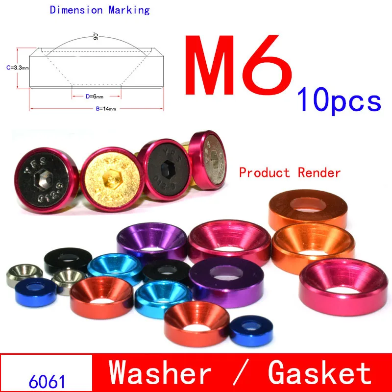 M6 Aluminum Alloy Conical Washers, Color Anodized Spacer Gaskets for DIN7991 Countersunk Screws, RC Model & Vehicle Modification