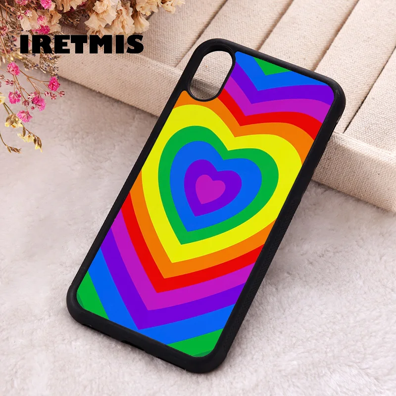 Iretmis Phone Cover Case For iPhone X XS Max XR 11 12 13 PRO MINI 14 15 16 Plus Rubber Silicone Rainbow Heart LATTE