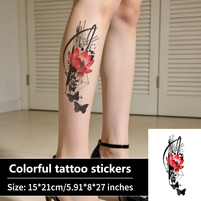 Temporary Tattoo Sticker Geometric Red Lotus Black Butterfly Abstract Broken Lines Colorful Waterproof for Leg Arm Men Women