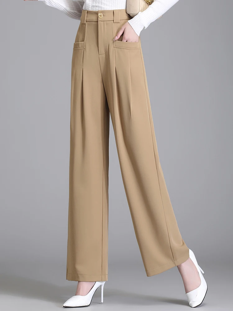 Khaki Wide Leg Pants Women's Loose Fit Spring/Summer High Waist Plus Size Drop Feel Slim Straight Casual Pants Floor Pants M-5XL