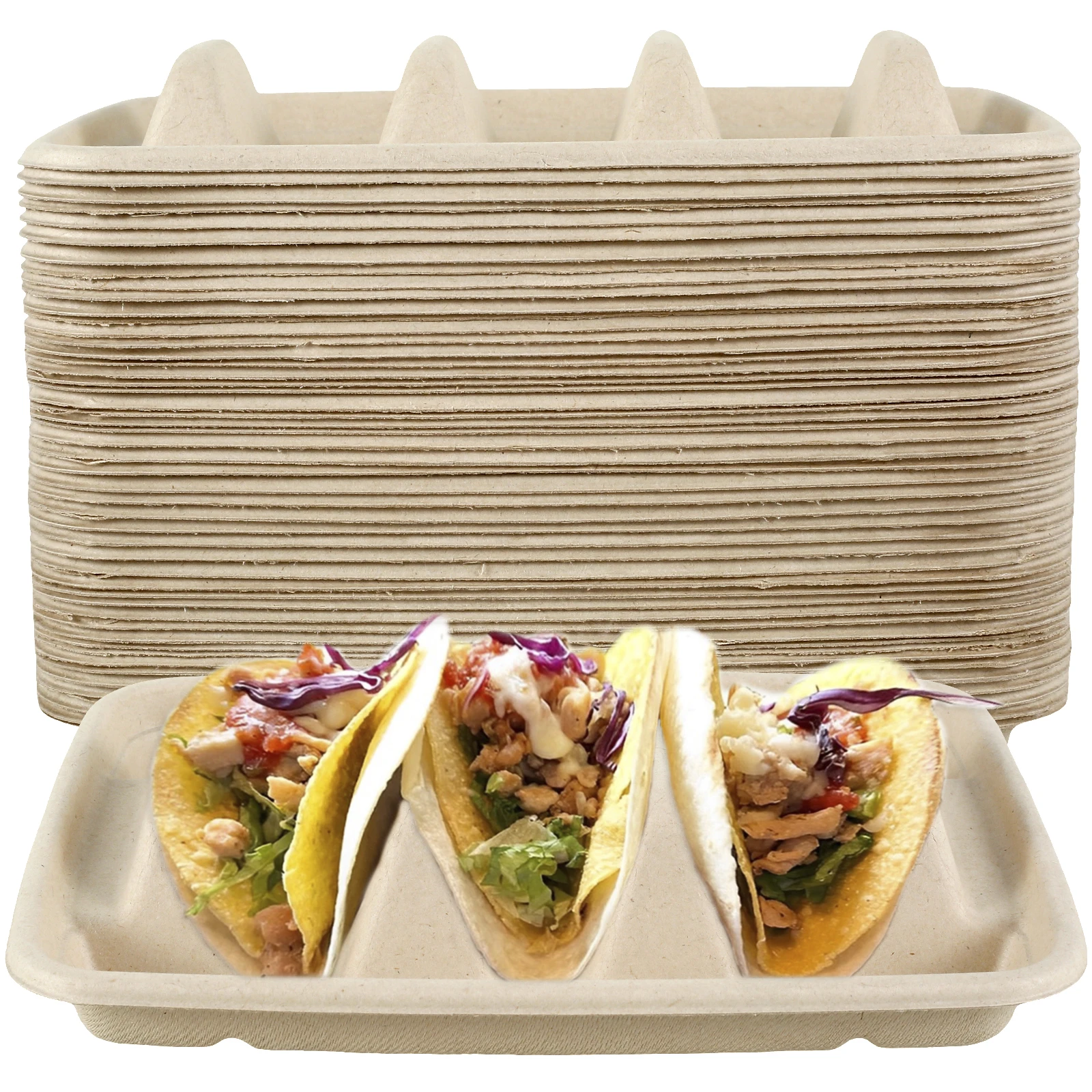 

New 50Pcs Taco Plates Reusable 3 Compartments Taco Serving Plates Stackable Taco Tray Holder No Mess Taco Plates Keeps Your