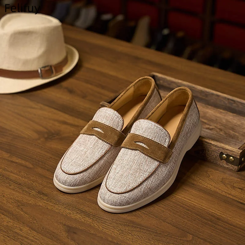 Men's Slip On Retro Linen Loafers Preppy Lightweight Breathable Comfort Outdoor Flats Genuine Leather Casual Daily Walking Shoes