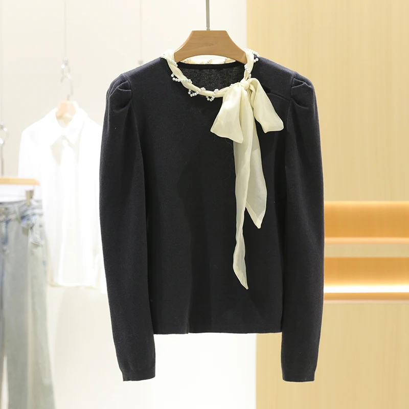 

Длинный вязаный свитер для похудения с поясом из бисера, женский базовый слой, зимний новый прямой крой для поездок на работу