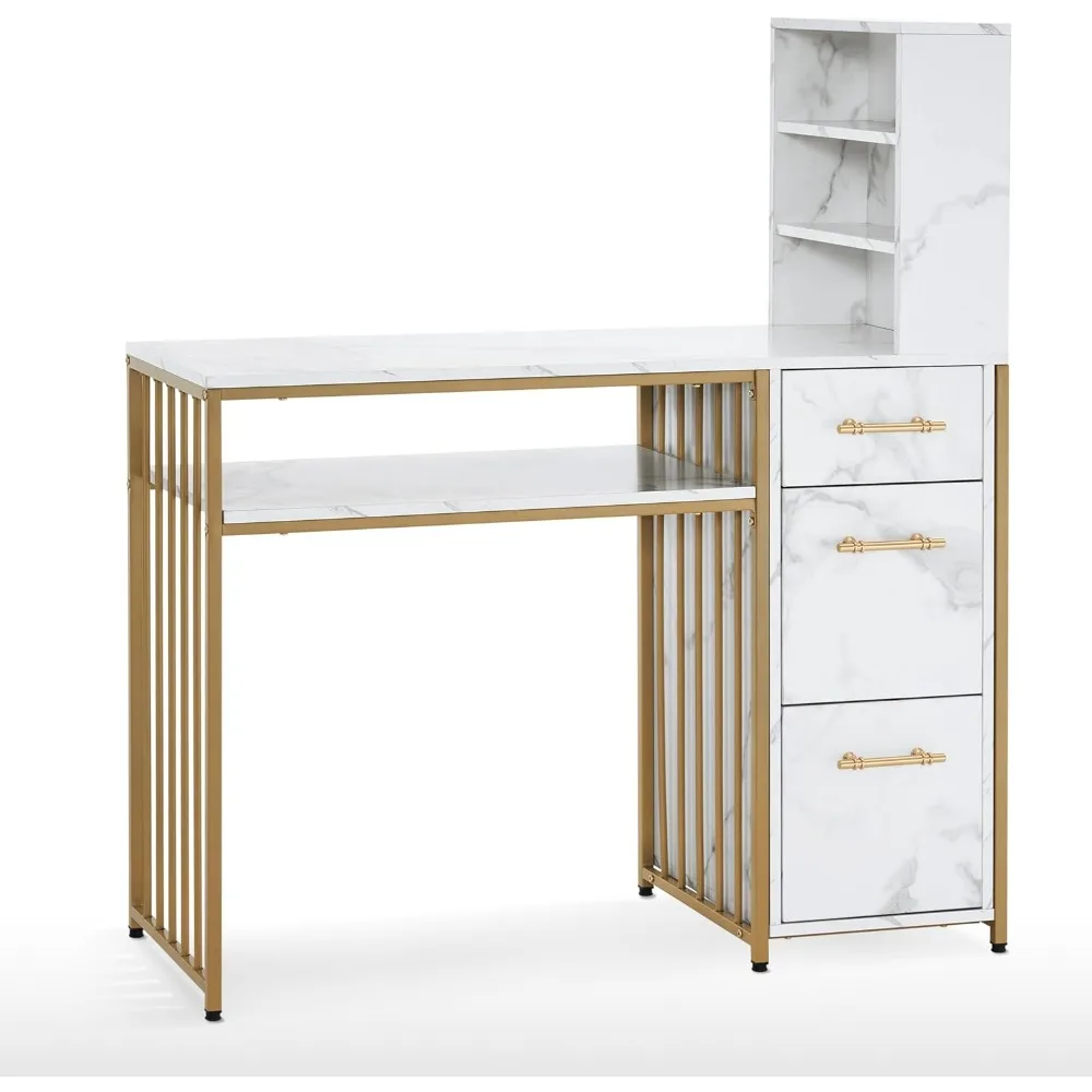 A modern workstation with drawers, marble textured nail table with storage space, and open shelves