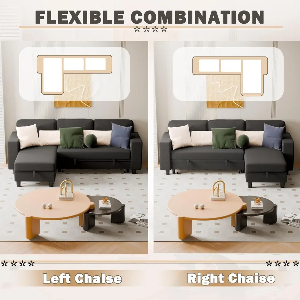 Sleeper Sofa Bed, L Shaped Sectional Convertible Couch with Storage Chaise, USB Charging Ports & 2 Built-in Bookshelves