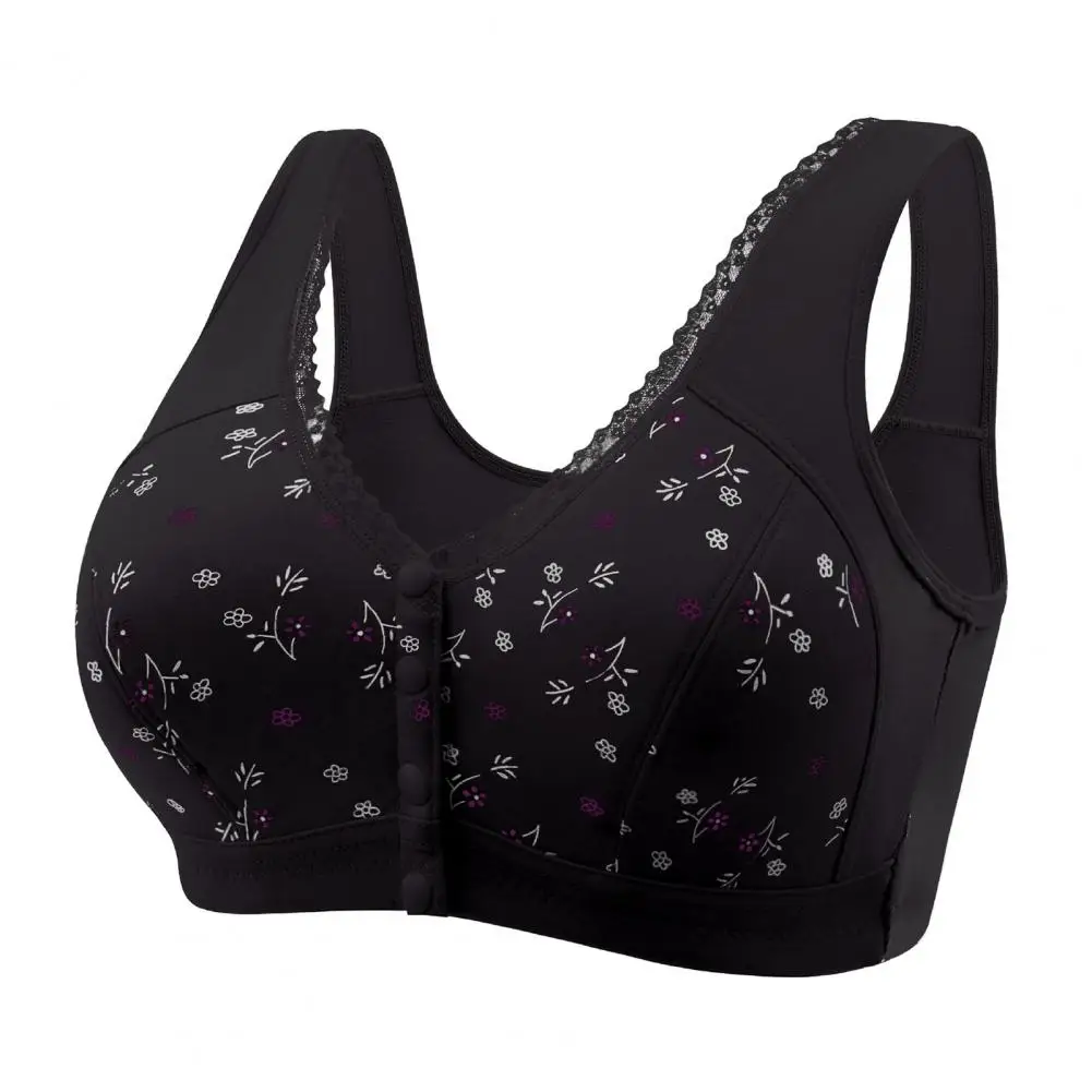 

Soft Cup Bra Elegant Lace Front Closure Grandmother Bra for Mid-aged Women Plus Size Printed Push-up Wireless Mother Bra