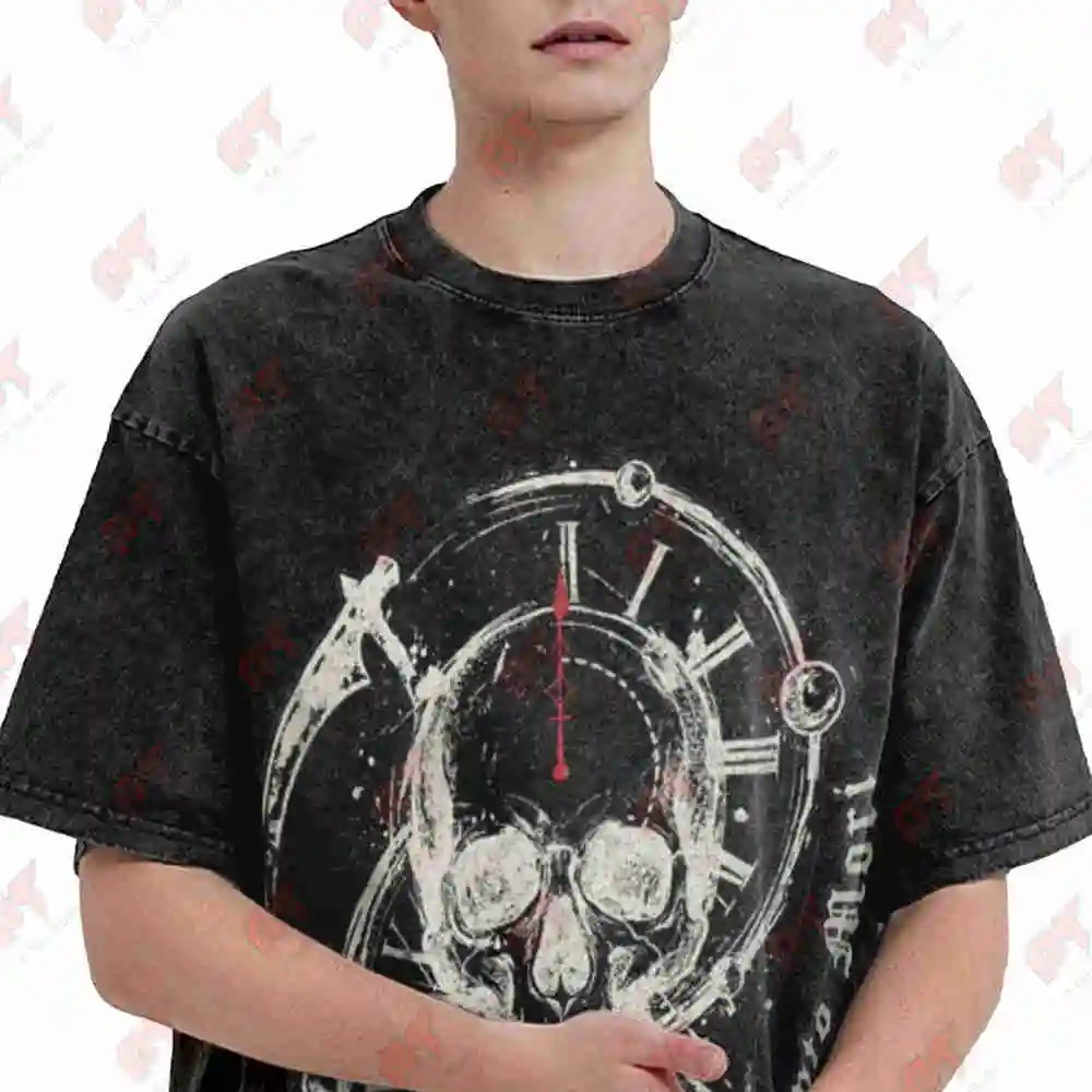 Memento Mori Gothic Skull Clock Occult Grunge Vintage Washed Tee Pure Cotton T-Shirt