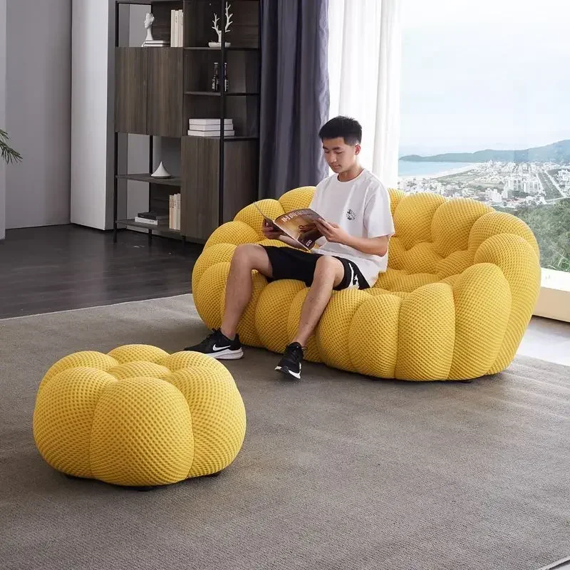 Designer Yellow Living Room Sofas Set Puffs Luxury Italian Divano Soggiorno Furniture European Fabric Nordic Double Chaise Couch