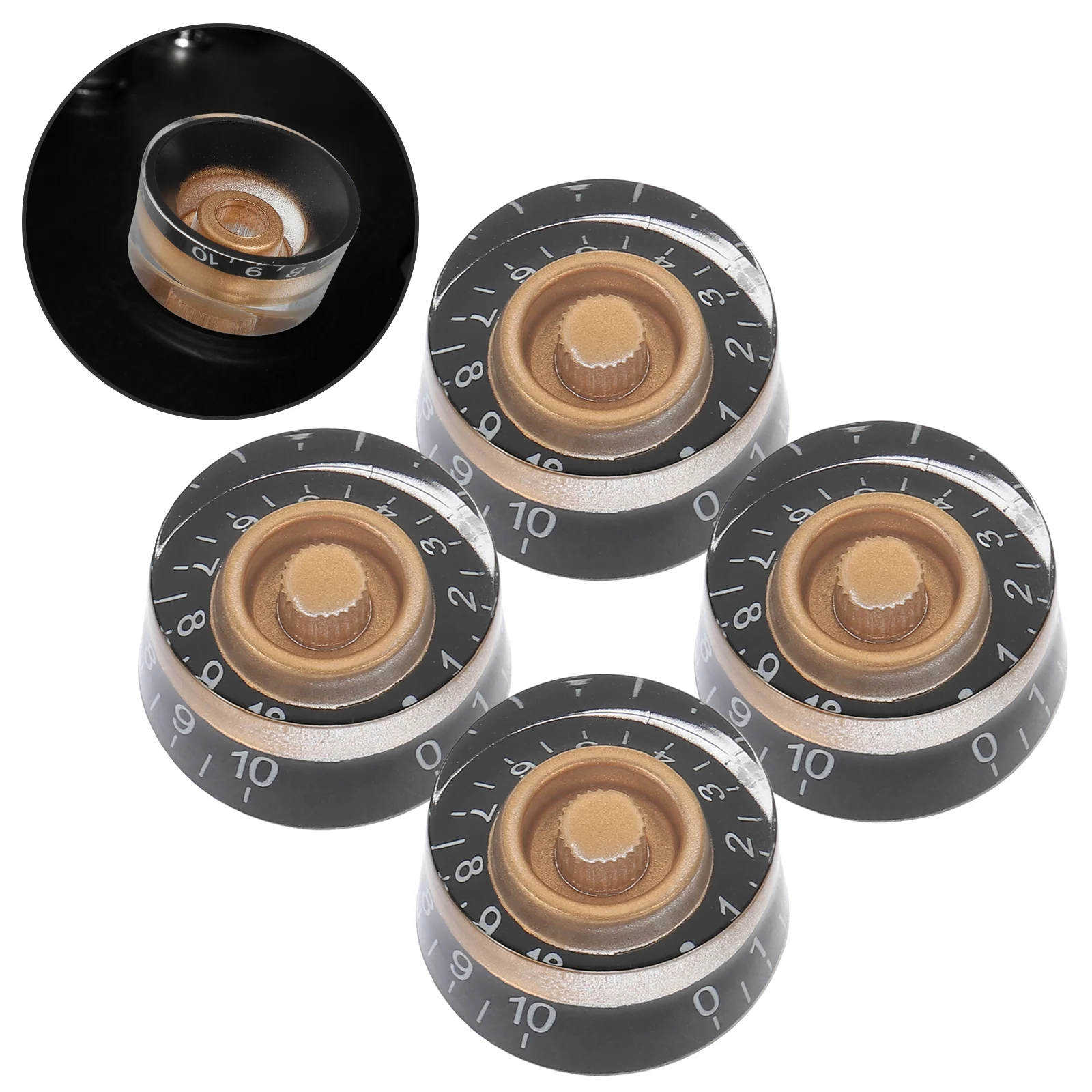 

4 Pcs Acrylic Knob Black Gold Control Electric Guitar Accessory with White Word Top Hat Precision