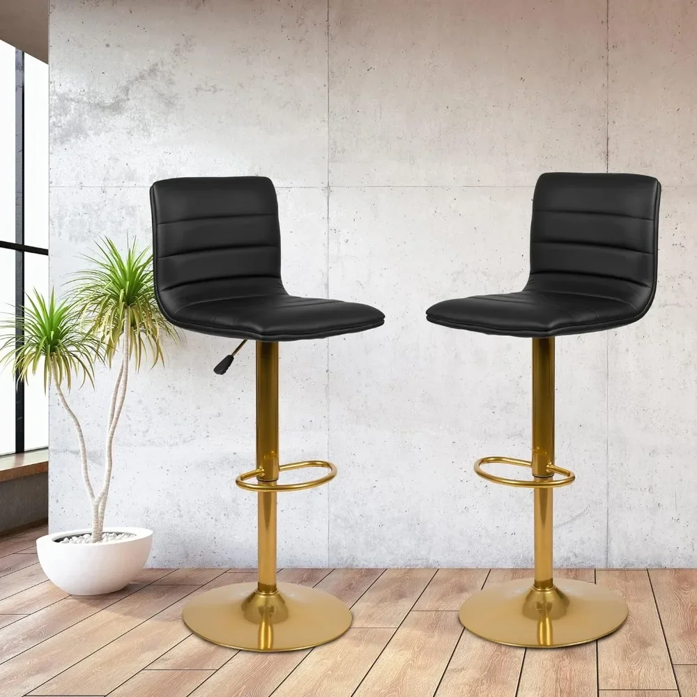 Black vinyl adjustable bar stool with backrest, counter height rotating stool with gold base, 2-piece set