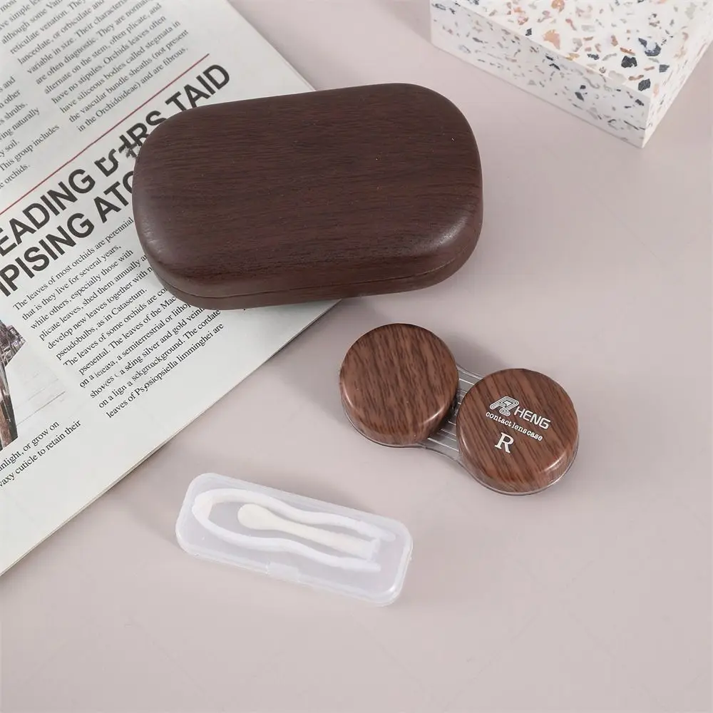 Dual Compartment Contact Lens Case Compact Size Wood Grain Lens Storage Box Myopia Companion Lens Container Set