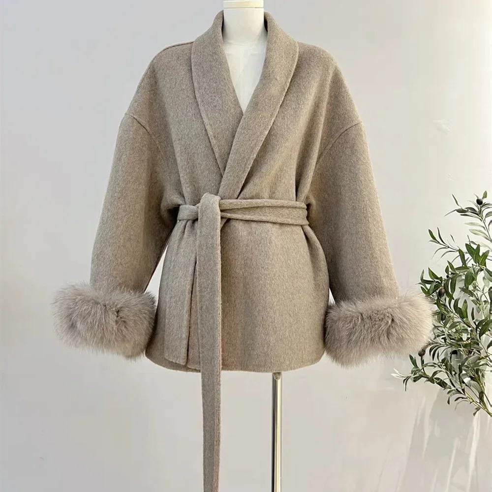 

2026 Новое элегантное офисное женское шерстяное пальто из лисьего меха с длинными рукавами, красивая женская куртка, осенне-зимнее пальто