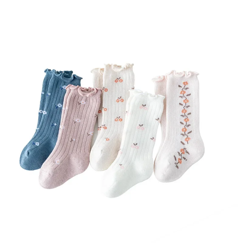 Spring Baby Ruffle Girls Socks Knee High Long Sock Kids Soft Cotton Toddlers Print Socks Children Princess Socks for 0-5 Years