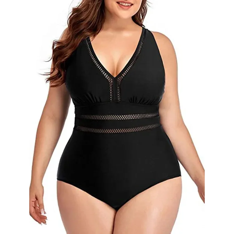 Plus Size Swimsuit Women Swimwear One Piece Tankini Large Size Solid Color Swimming Sport Mesh Stitching Bikini Bathing