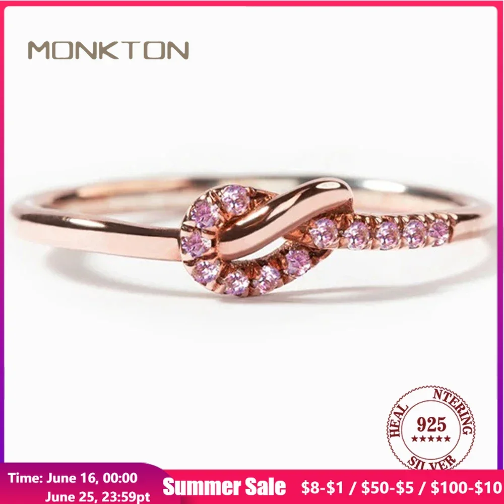 

Monkton S925 Sterling Silver Knot Engagement Rings for Women Pink Zirconia Wedding Band for Girlfriend Gift Fine Jewelry