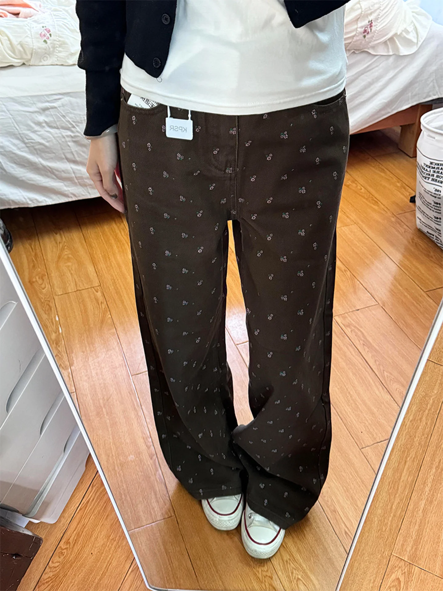 Retro Floral Print High Waist Wide Leg Denim Jeans Women's Autumn Winter Slimming Design Sense Pants a Brown Ladies Jeans