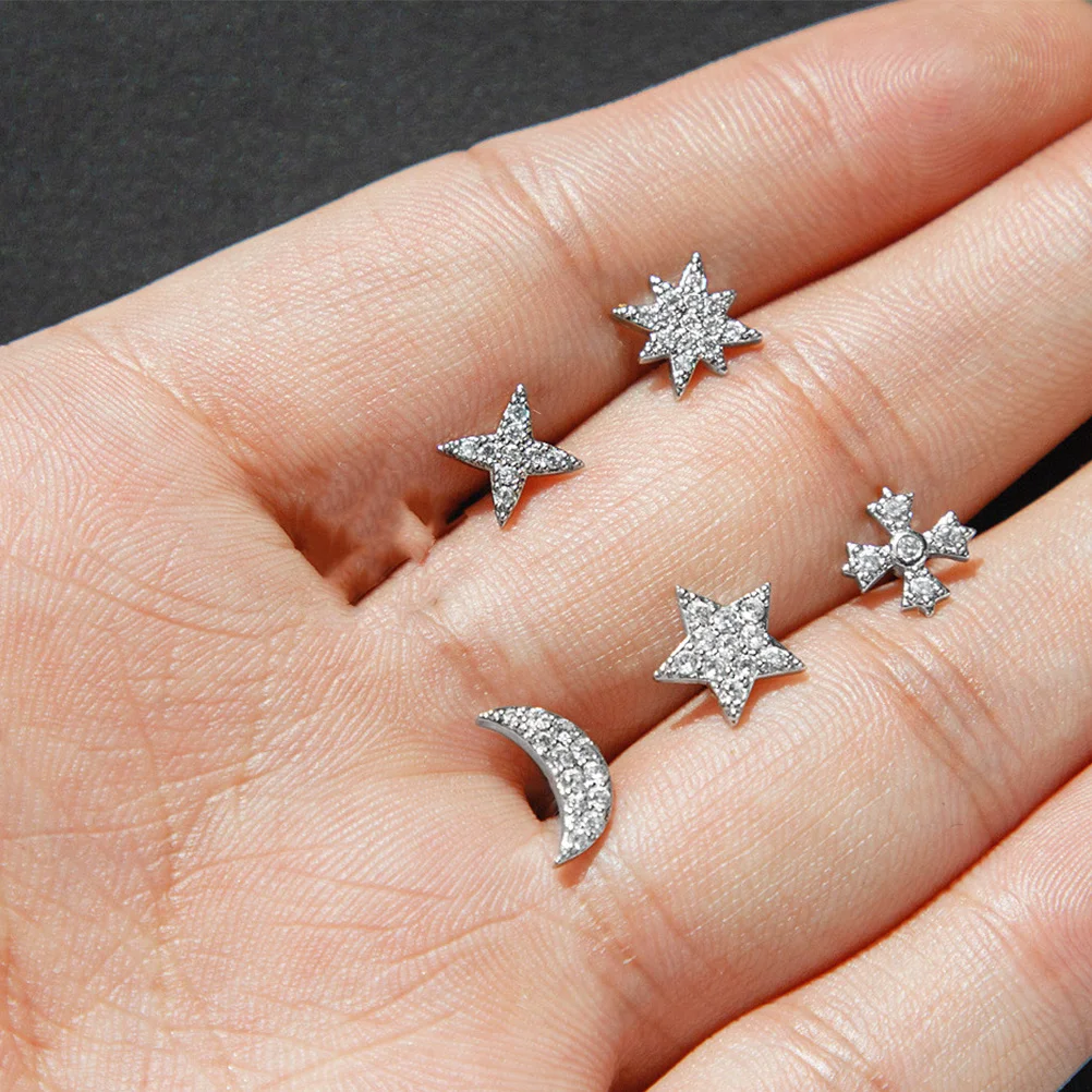 

3 Pairs Metal Ear Stud Earrings Trendy Zircon Piercing Stainless Steel Chic Accessories