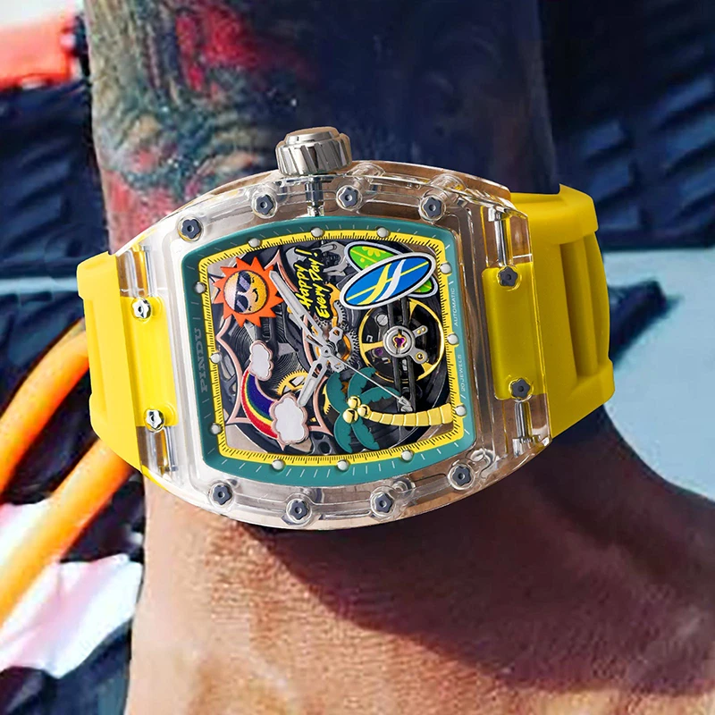 PINDU الأصلي الصيف الشاطئ موضة الرجال الساعات سيليكون حزام مقاوم للماء مضيئة الإبداعية الهاتفي العلامة التجارية الأعلى ساعة ميكانيكية الرجال