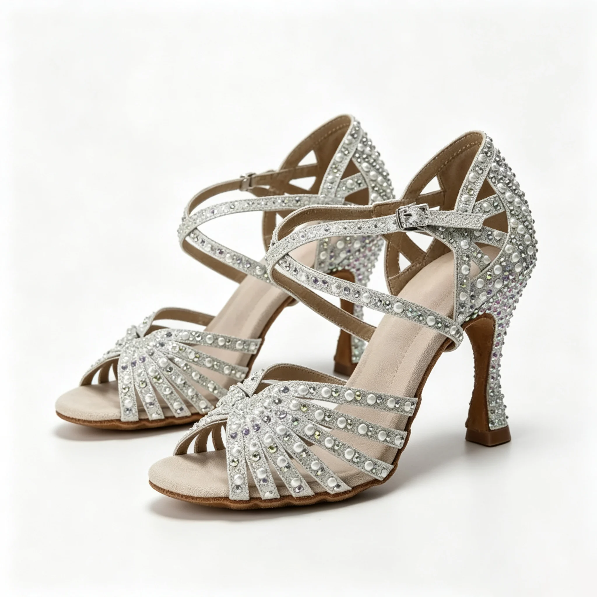 Women Silver Rhinestone Latin Dance Shoes Glitter Cross Strap High Heel Salsa Tango Ballroom Dance Sandals For Women Competition