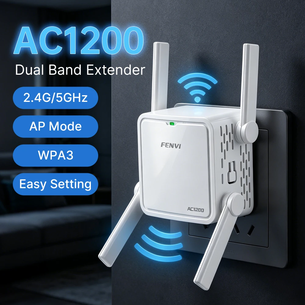 Fenvi AC1200 WiFi Repeater Dual Band 2.4G/5GHz 1200M Network Amplifier Wi Fi Repetidor Extender Signal Range Booster