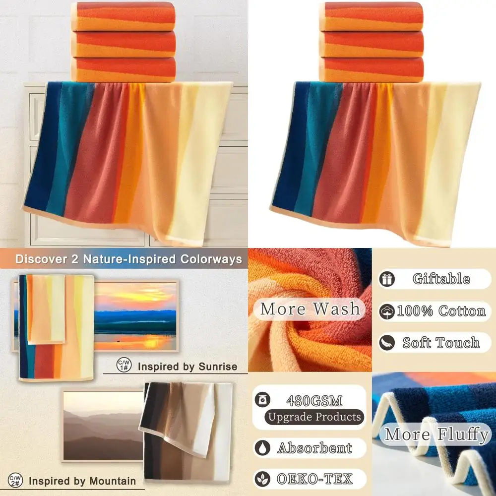 

4-Piece Cotton Bath Towel Set, 28x52 Inches, 480GSM, Plush & Absorbent, Decorative Shower Towels with Loops, Red/Orange