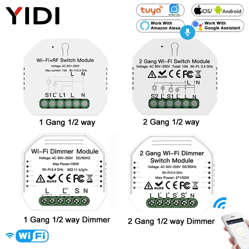 Módulo de interruptor de luz inteligente con WiFi, dispositivo con Control remoto por voz, 1/2 vías, atenuador de 1/2 entradas, compatible con Smart