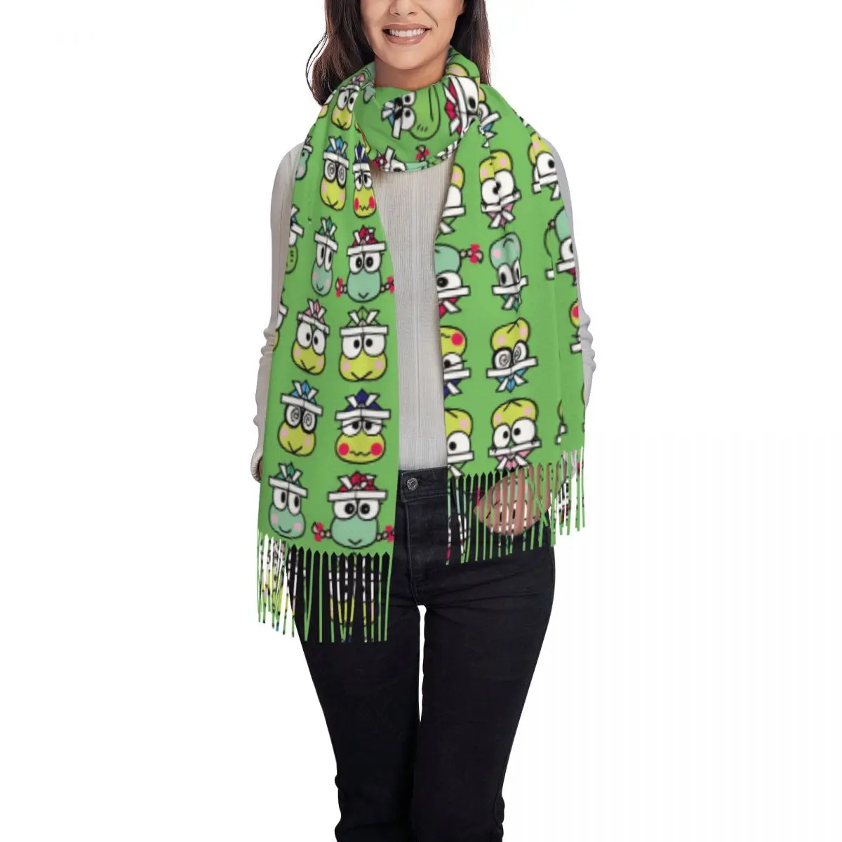 Custom Keroppi Cute Scarf Wrap Women Long Winter Warm Tassel Shawl Unisex Cartoon Scarves