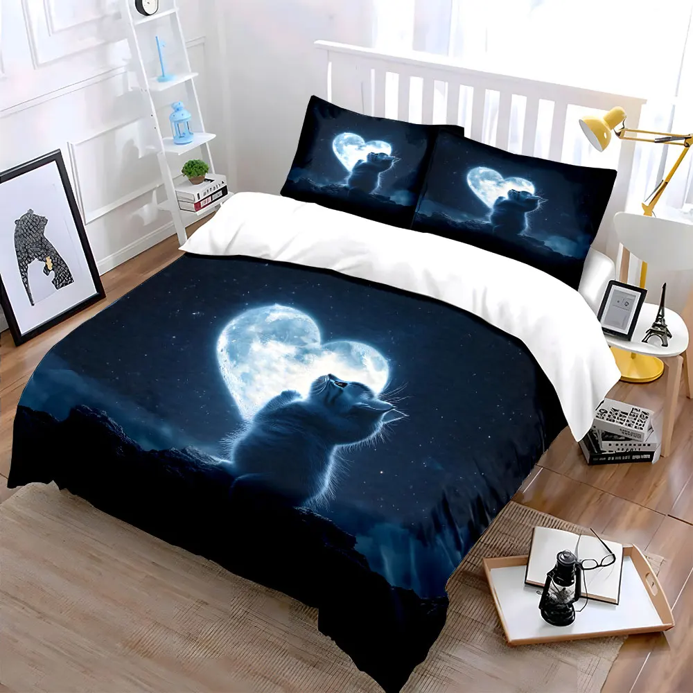 Cat and Heart-shaped Moon in Night Sky Printed Duvet Cover Set 1 Duvet Cover+2 Pillowcase Multi Size Bedroom Bedding Decor