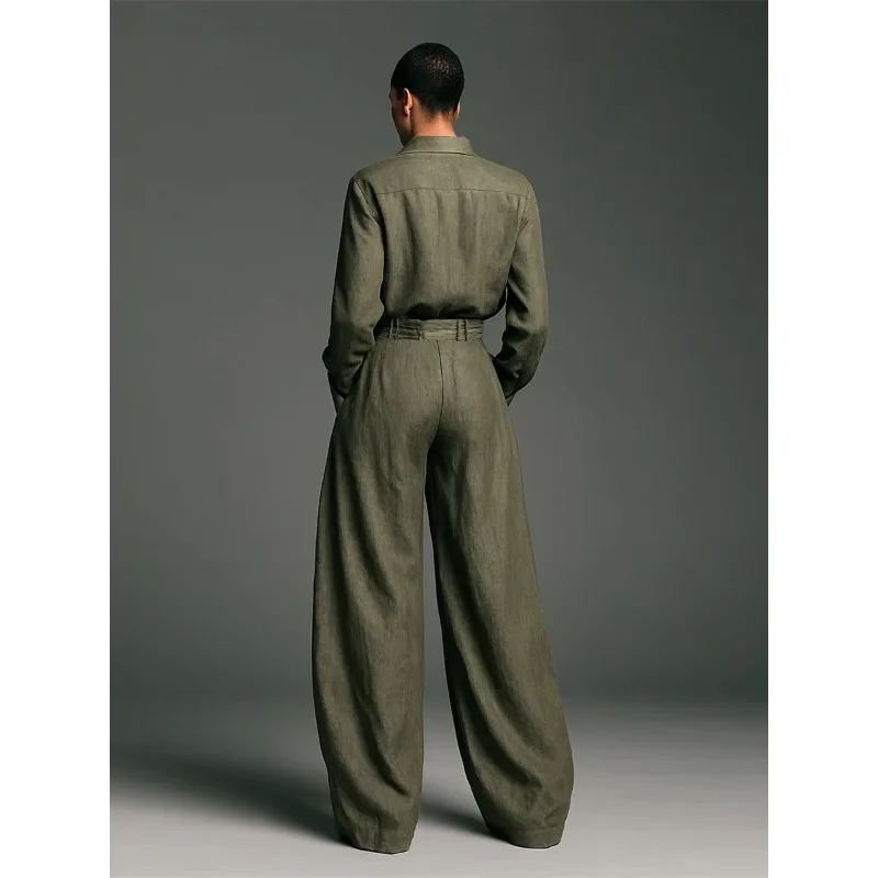 Conjunto feminino vintage de duas peças, elegante, camisa de manga comprida com bolso, calças largas, outono, verde militar, roupas soltas e chiques