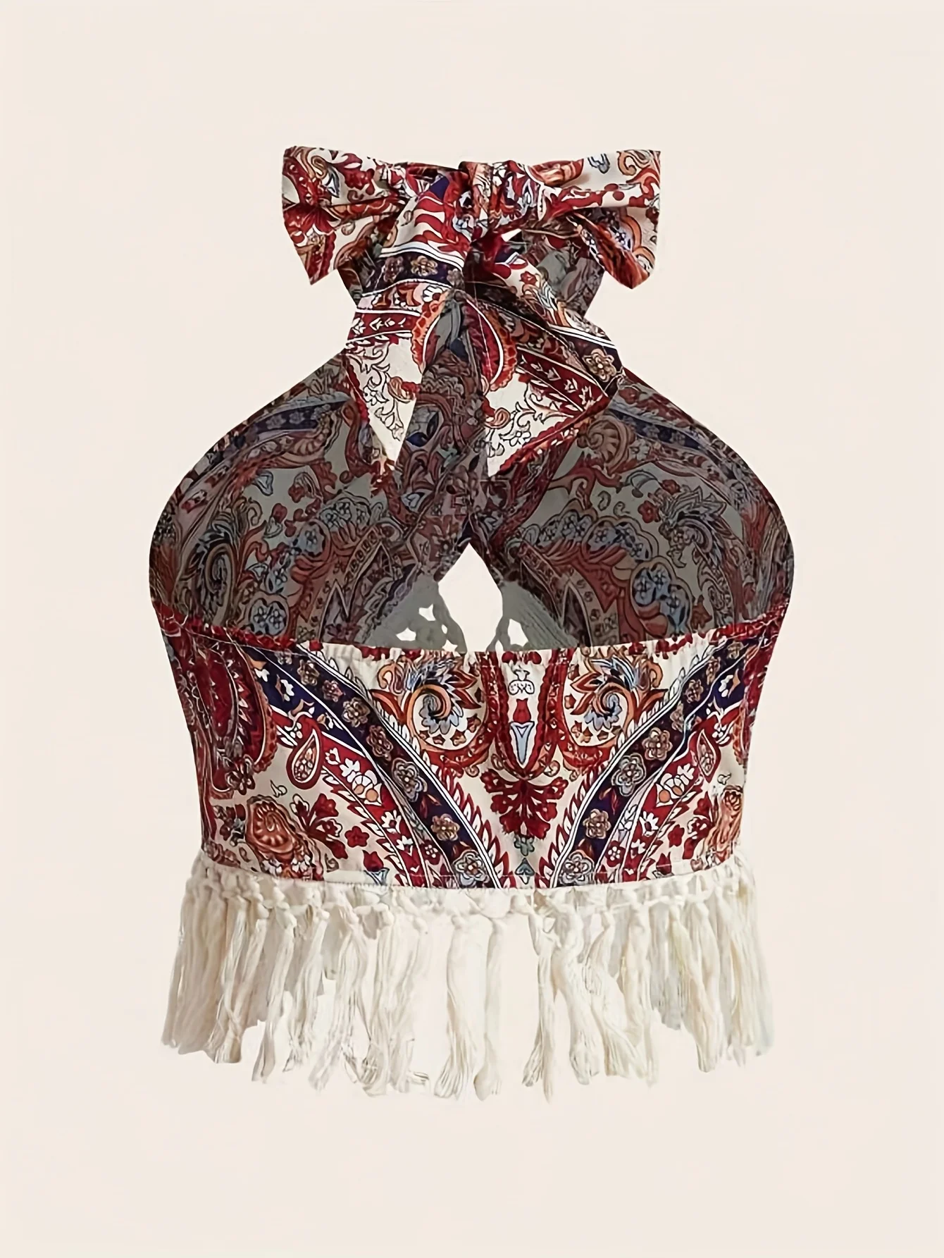 Paisley Print Fringed Edge Butterfly Knot Tie Back Hanging Neck Top Women's Bohemian Style off Shoulder Casual Fashion