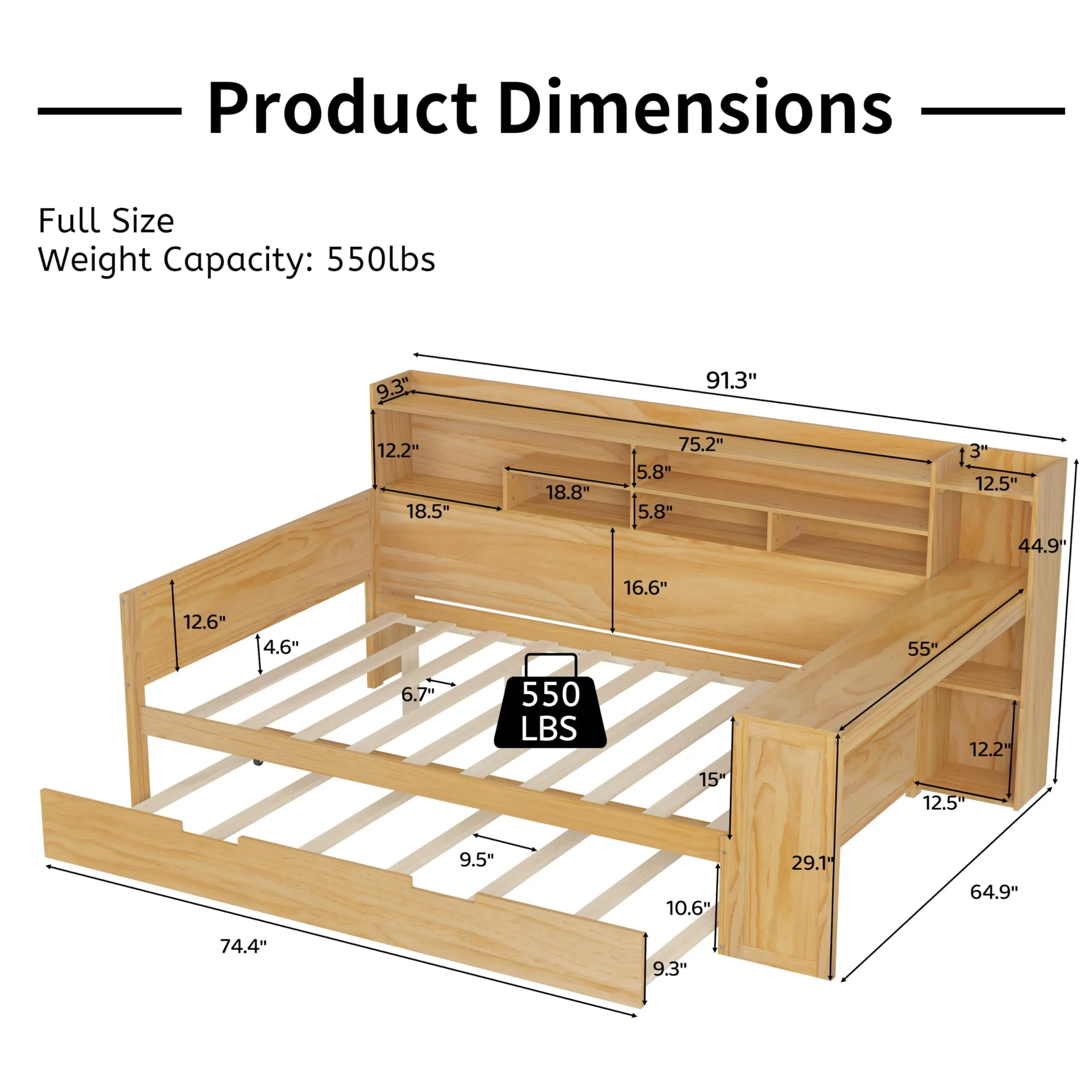 Wooden Full Size Daybed with Storage Shelves,Built-in Desk and Twin Size Trundle Bed,Multi-Functional Bed with Study