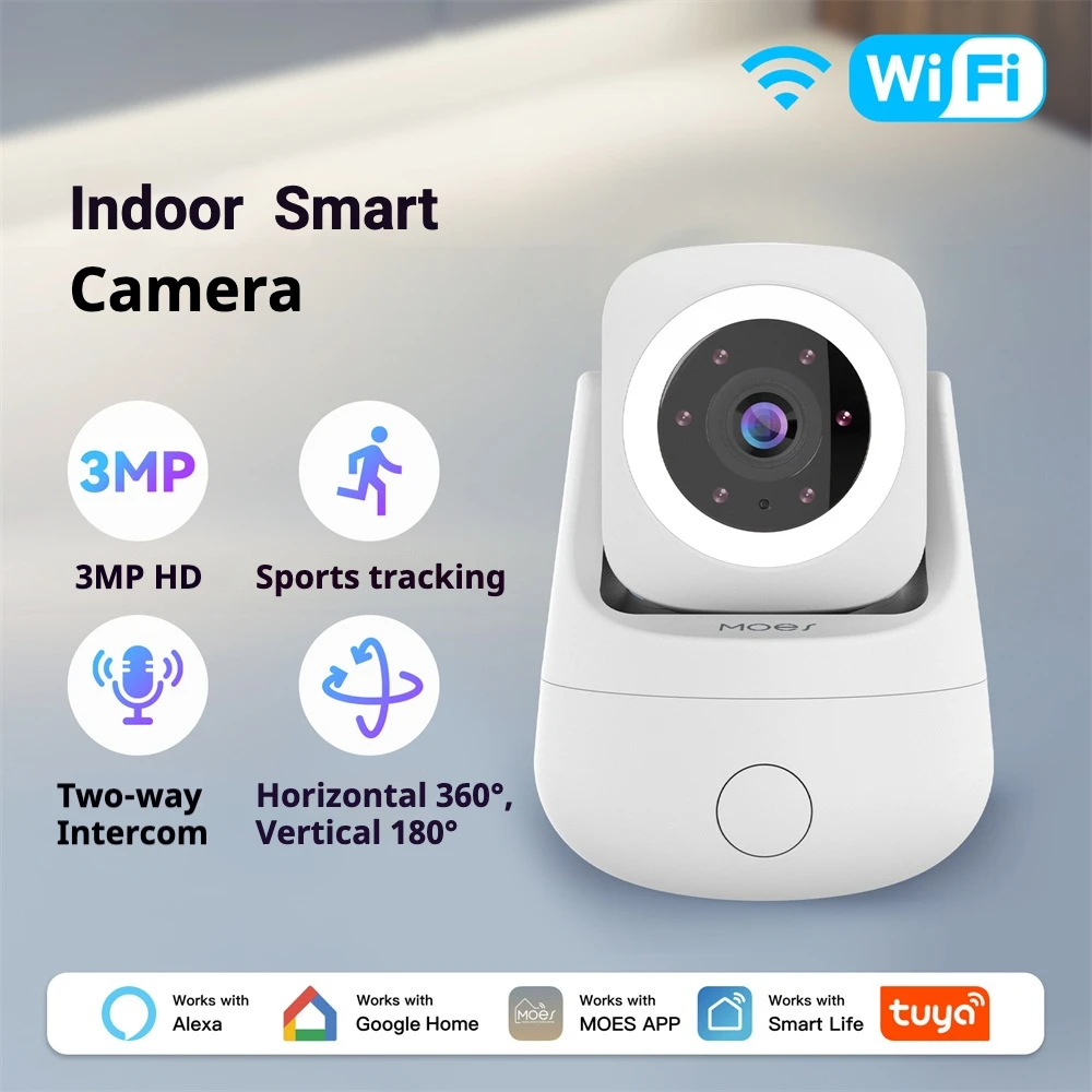 MOES Tuya WiFi Smart Camera Indoor 3MP HD Pan 360° Tilt 180° Home Monitoring Surveillace Camera Works with Alexa Google Home