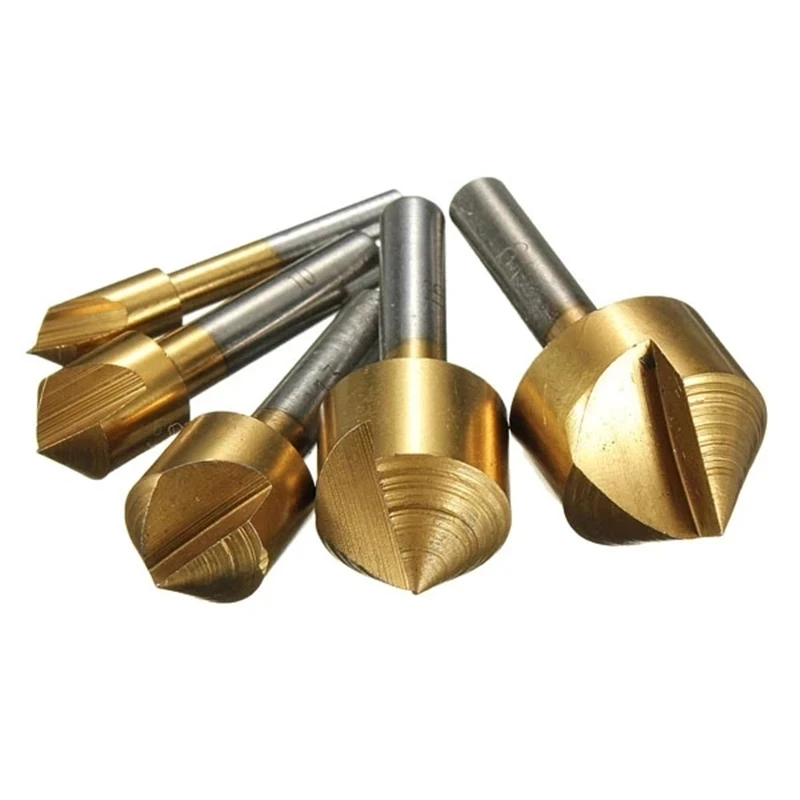 5 Pcs 90 Degree  HSS Chamfer Countersink Chamfer Drill Bit 1/4" Hex Shank 90 Degree Wood Chamfering Cutter 6mm-19mm
